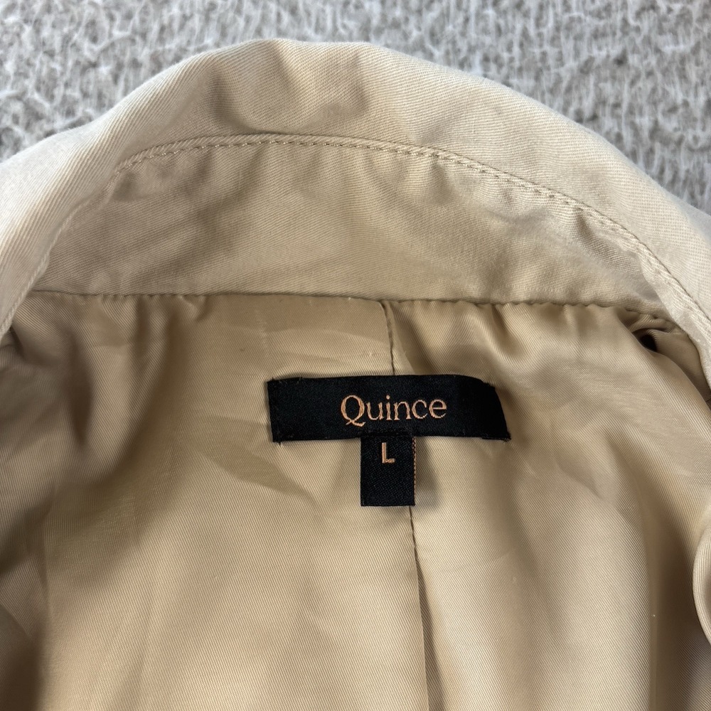 Quince Comfort Stretch Short Trench Coat Womens Large Khaki Tan Belted Cotton - Picture 2 of 14